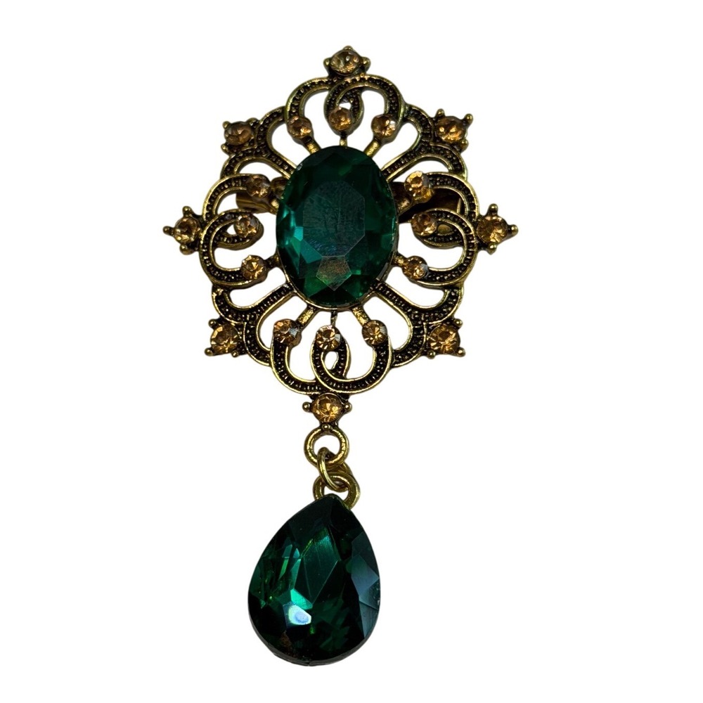 Vintage Victorian Revival Emerald Green Glass Dangle Brooch Ornate Rhinestone